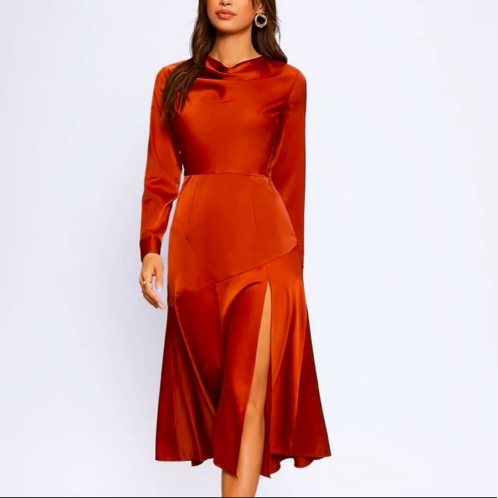 Satin Cowl Neck Midi Dress